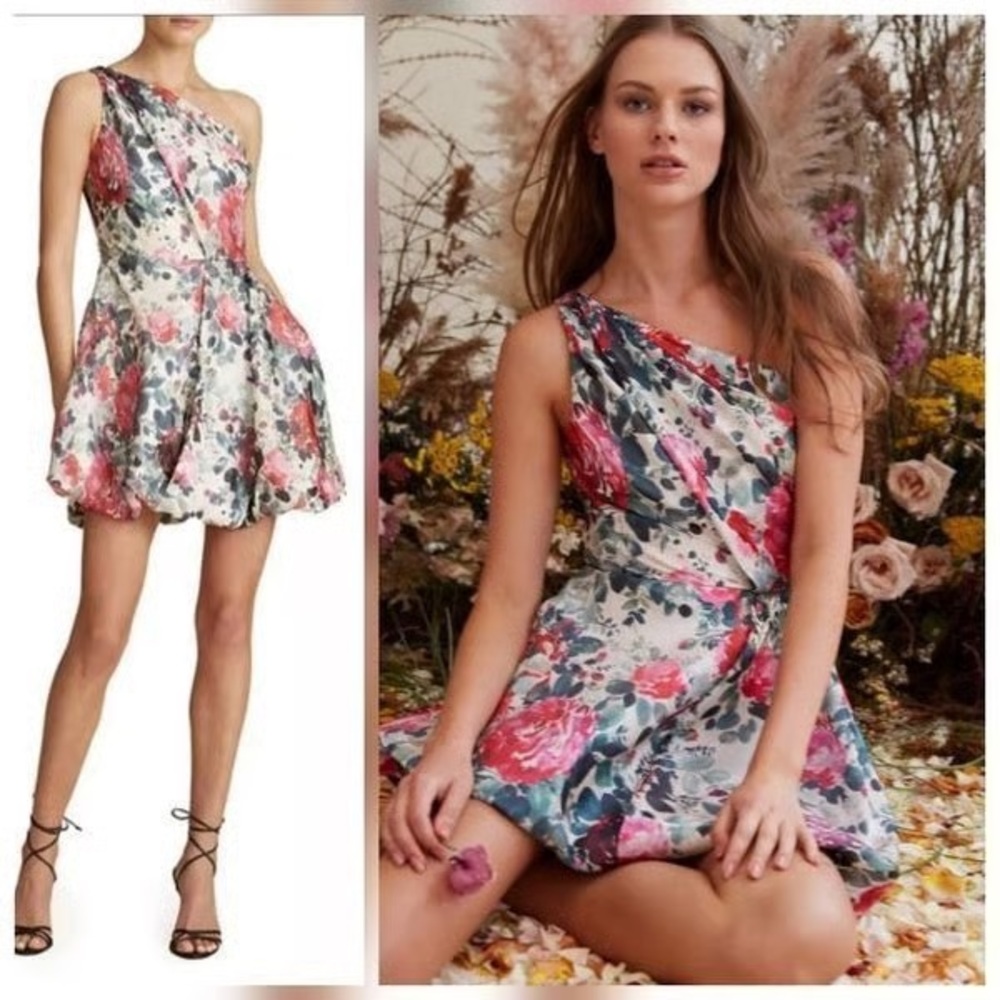 ML Monique Lhuillier Women’s 2 Floral Print One Shoulder Mini Dress